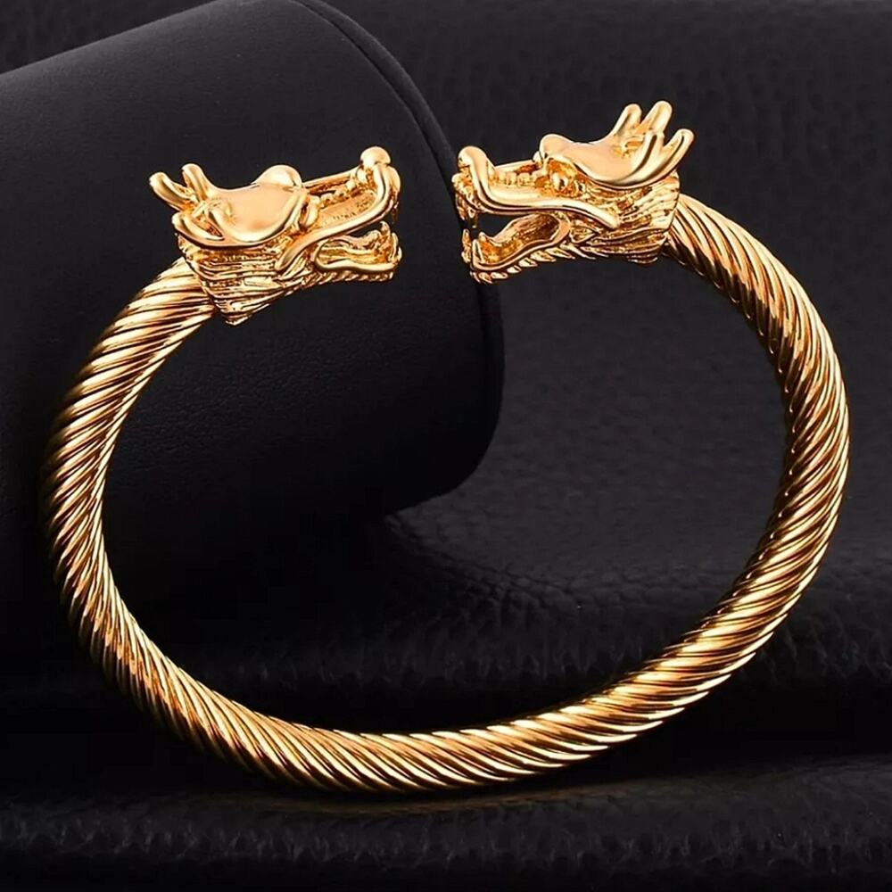 Dragon Head Viking Gold Plated Unisex Cuff Bangle Bracelet - Picture 1 of 6